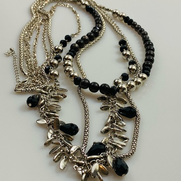Fashion Necklace Long Three Strands Black Acrylic And Silver Tone Beads 36”+ 3” - Picture 7 of 14